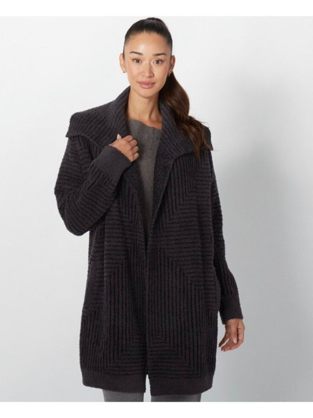 Barefoot Dreams Cozy Chic Angular Stripe Carbon Black Cardigan Size XS